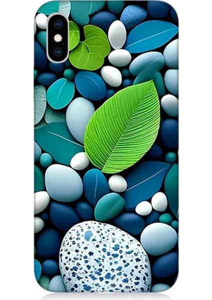 Apple iPhone Xs Max Uyumlu Silikon Kılıf Mavi Turkuaz Taşlar ve Yeşil Yaprak