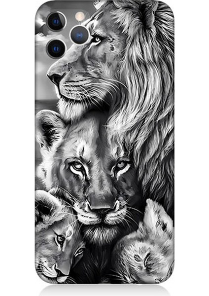 Apple iPhone 11 Pro Uyumlu Silikon Kılıf Siyah Beyaz Aslan Ailesi