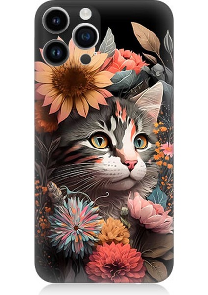 Apple iPhone 13 Pro Max Uyumlu Silikon Kılıf Çiçekler ve Kül Gri Kedi