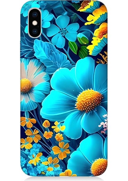 Apple iPhone x Uyumlu Silikon Kılıf Mavi Sarı Çiçekler