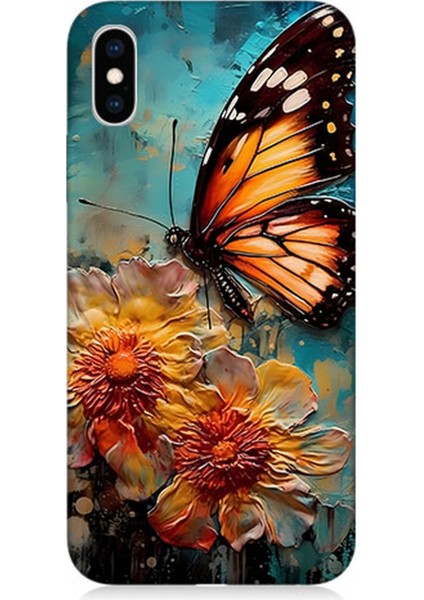 Apple iPhone Xs Max Uyumlu Silikon Kılıf Altın Kelebek ve Papatya
