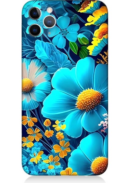 Apple iPhone 11 Pro Max Uyumlu Silikon Kılıf Mavi Sarı Çiçekler