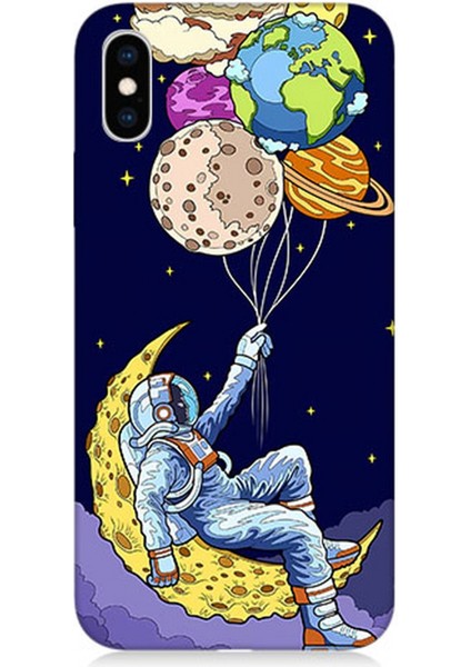 Apple iPhone Xs Uyumlu Silikon Kılıf Astranot ve Gezegen Balonlar