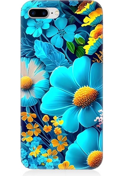 Apple iPhone 8 Plus Uyumlu Silikon Kılıf Mavi Sarı Çiçekler