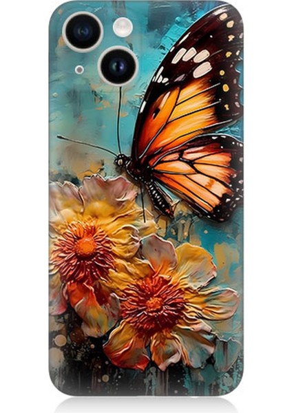 Apple iPhone 13 Mini Uyumlu Silikon Kılıf Altın Kelebek ve Papatya