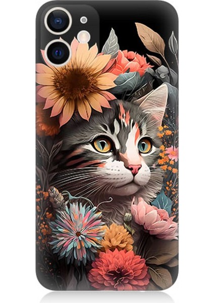 Apple iPhone 12 Mini Uyumlu Silikon Kılıf Çiçekler ve Kül Gri Kedi