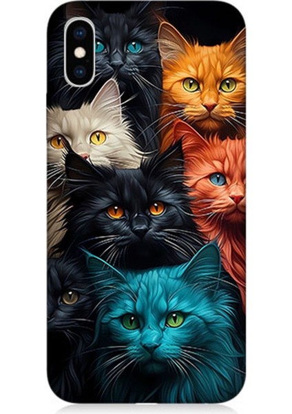 Apple iPhone Xs Max Uyumlu Silikon Kılıf Renkli Sevimli Kedi Yüzleri