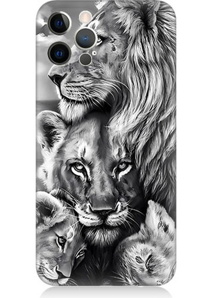 Apple iPhone 12 Pro Uyumlu Silikon Kılıf Siyah Beyaz Aslan Ailesi