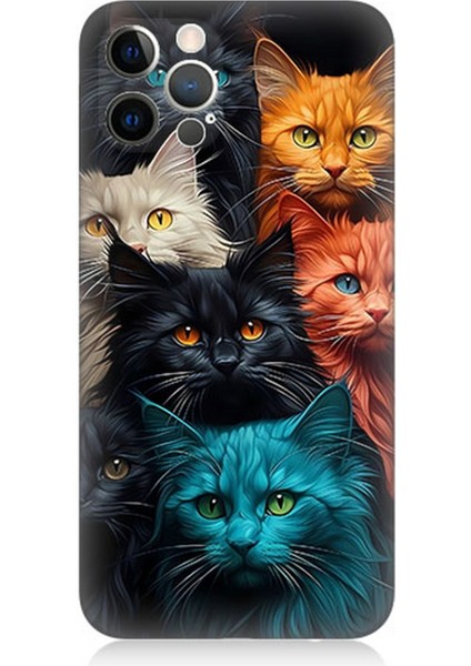 Apple iPhone 12 Pro Max Uyumlu Silikon Kılıf Renkli Sevimli Kedi Yüzleri