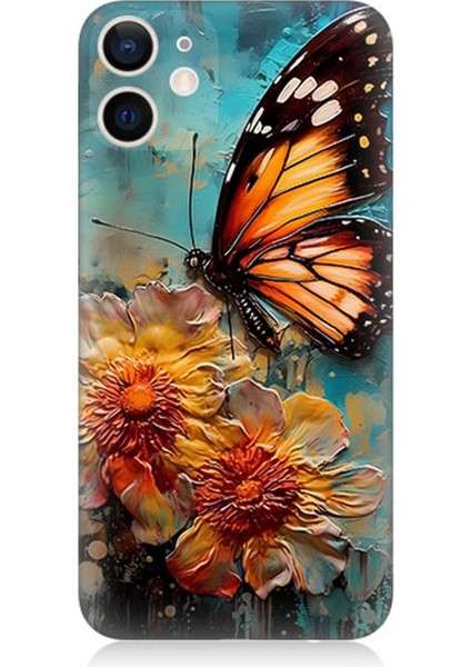 Apple iPhone 12 Mini Uyumlu Silikon Kılıf Altın Kelebek ve Papatya