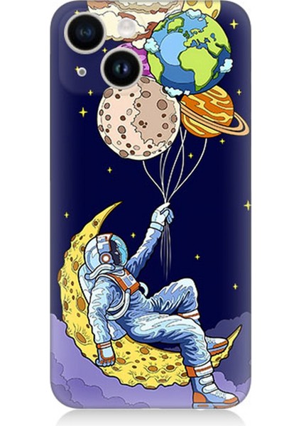 Apple iPhone 13 Mini Uyumlu Silikon Kılıf Astranot ve Gezegen Balonlar