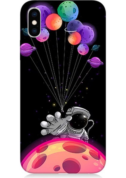 Apple iPhone x Uyumlu Silikon Kılıf Astranot ve Uçan Balonlar