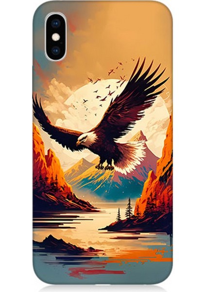 Apple iPhone Xs Uyumlu Silikon Kılıf Uçan Siyah Beyaz Kartal