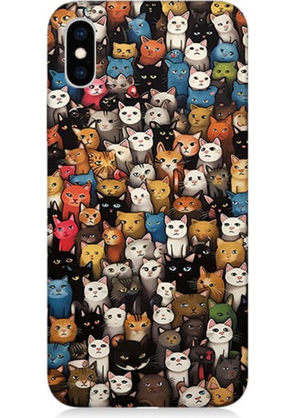 Apple iPhone Xs Max Uyumlu Silikon Kılıf Renki Sevimli Kediler