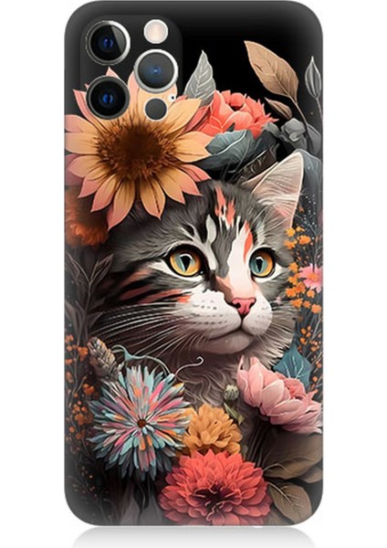 Apple iPhone 12 Pro Uyumlu Silikon Kılıf Çiçekler ve Kül Gri Kedi