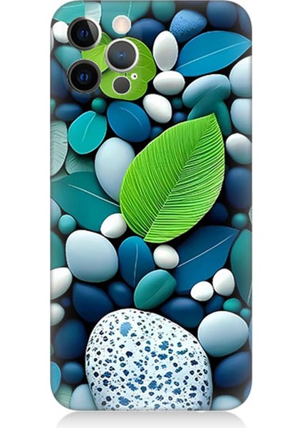 Apple iPhone 12 Pro Max Uyumlu Silikon Kılıf Mavi Turkuaz Taşlar ve Yeşil Yaprak