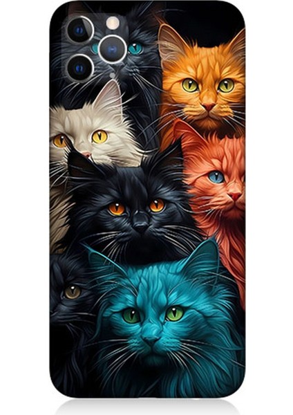 Apple iPhone 11 Pro Max Uyumlu Silikon Kılıf Renkli Sevimli Kedi Yüzleri