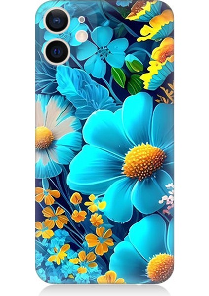 Apple iPhone 12 Mini Uyumlu Silikon Kılıf Mavi Sarı Çiçekler