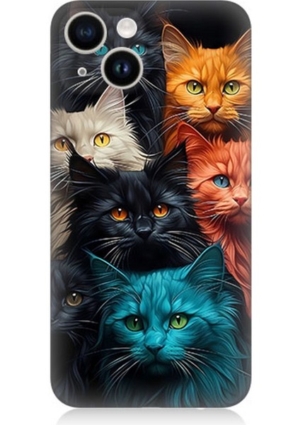 Apple iPhone 14 Plus Uyumlu Silikon Kılıf Renkli Sevimli Kedi Yüzleri