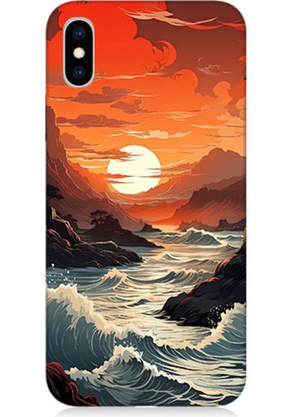 Apple iPhone Xs Uyumlu Silikon Kılıf Deniz Dağ ve Gün Batımı