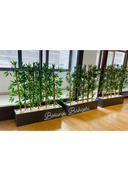 Yapay Bambu Bamboo Ağacı 1 mt Boy Bambu Çubuklar 3 Set Antrasit Ahşap Saksıda Iç Mekan