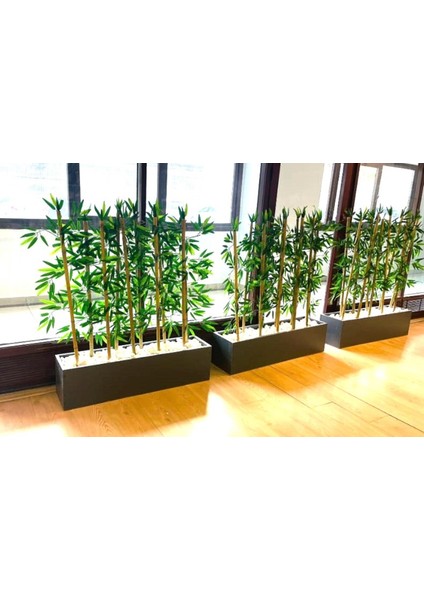 Yapay Bambu Bamboo Ağacı 1 mt Boy Bambu Çubuklar 3 Set Antrasit Ahşap Saksıda Iç Mekan