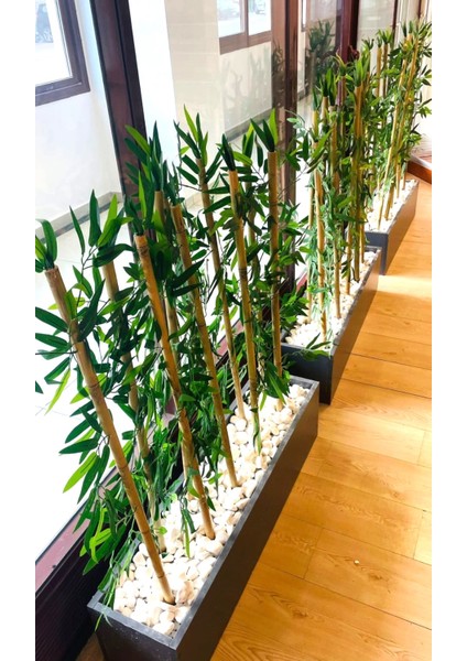 Yapay Bambu Bamboo Ağacı 1 mt Boy Bambu Çubuklar 3 Set Antrasit Ahşap Saksıda Iç Mekan