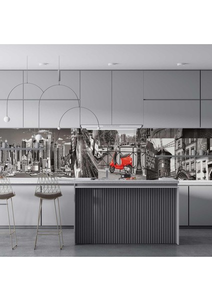 Mutfak Tezgah Arası Folyo Fayans Kaplama Folyosu Retro Siyah Beyaz Şehir 60X100 cm fırsatları