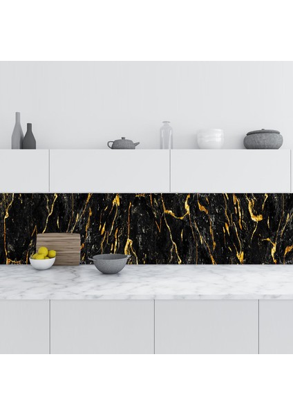 Mutfak Tezgah Arası Folyo Fayans Kaplama Folyosu Siyah Altın Mermer 60X100 cm