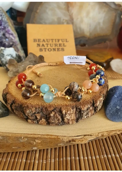 NBS Beautiful Naturel Stones Terazi Burcu Doğal Taş Bileklik ( Rodanit, Akik, Dumanlı Kuvars, Lapis, Güneş ) 6 mm El Örmesi TERAZIBS520 H