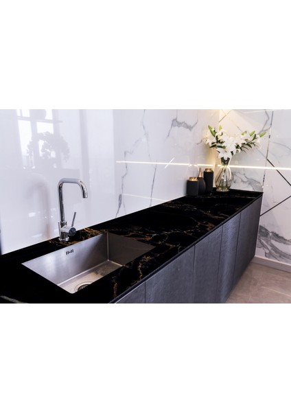Tezgah Üstü Fayans Kaplama Folyosu Mutfak Tezgahı Kaplama Black Marble 70 cm x 2 Metre