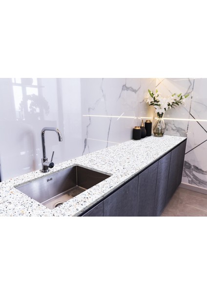 Tezgah Üstü Fayans Kaplama Folyosu Mutfak Tezgahı Kaplama Terrazzo Mermer 70 cm x 1 Metre