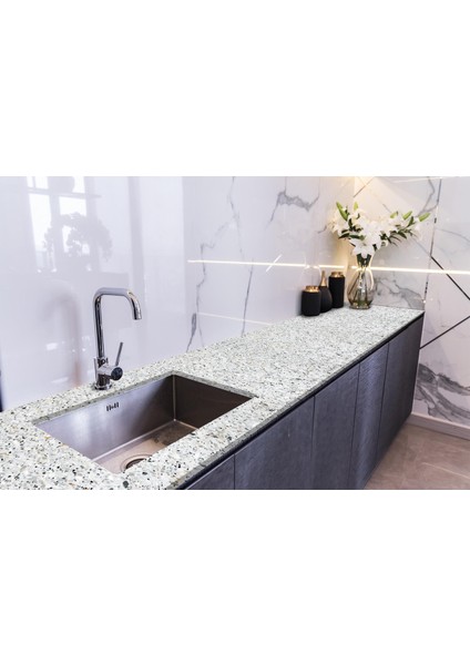 Tezgah Üstü Fayans Kaplama Folyosu Mutfak Tezgahı Kaplama Terrazzo Granit Taş 70 cm x 3 Metre
