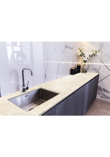 Tezgah Üstü Fayans Kaplama Folyosu Mutfak Tezgahı Kaplama Beige Marble Stone 70 cm x 3 Metre