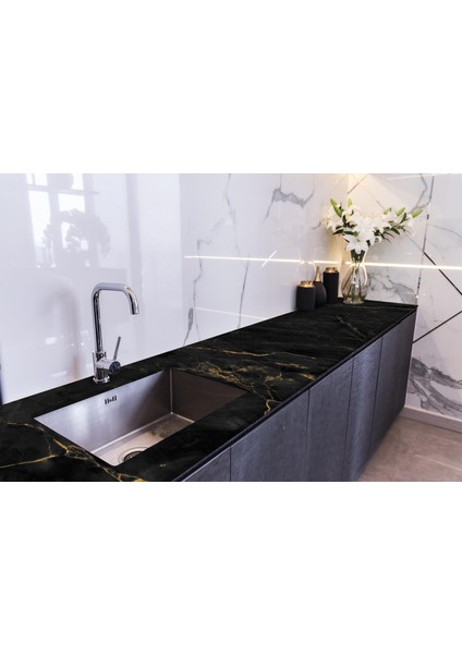 Tezgah Üstü Fayans Kaplama Folyosu Mutfak Tezgahı Kaplama Gold Black Marble 70 cm x 3 Metre