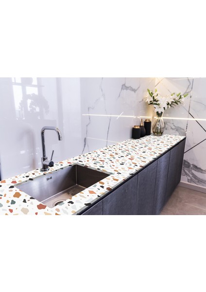 Tezgah Üstü Fayans Kaplama Folyosu Mutfak Tezgahı Kaplama Terrazzo 70 cm x 5 Metre