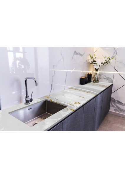 Tezgah Üstü Fayans Kaplama Folyosu Mutfak Tezgahı Kaplama Calacatta Marble 70 cm x 2 Metre