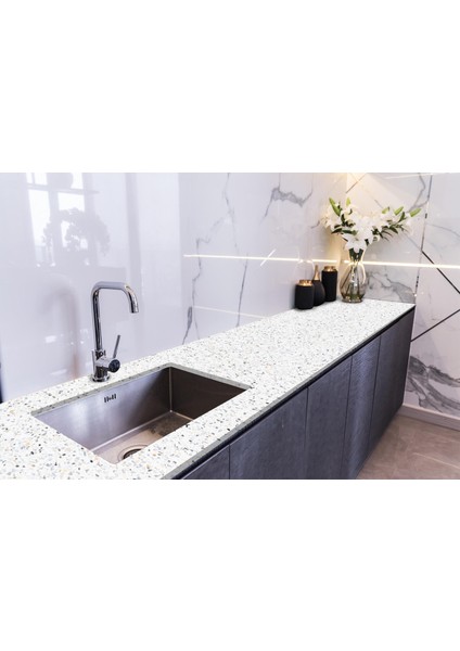 Tezgah Üstü Fayans Kaplama Folyosu Mutfak Tezgahı Kaplama Terrazzo Desen 70 cm x 3 Metre