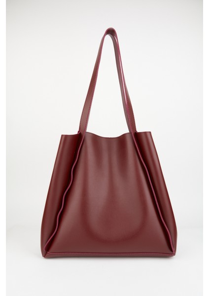 Kadın Bordo Yavrulu Katlanabilir Içi Süet Yumuşak Deri Büyük Boy Shopper Çanta