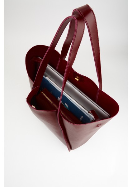 Kadın Bordo Yavrulu Katlanabilir Içi Süet Yumuşak Deri Büyük Boy Shopper Çanta