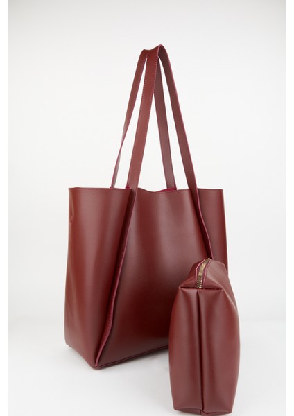 Kadın Bordo Yavrulu Katlanabilir Içi Süet Yumuşak Deri Büyük Boy Shopper Çanta