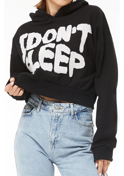 Kapüşonlu Baskılı Crop Sweatshirt
