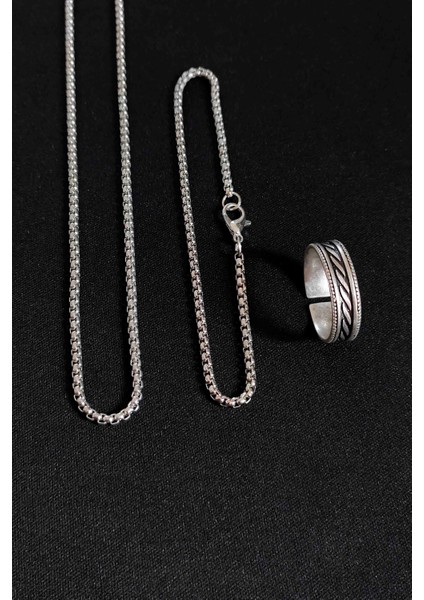 Çizgi Şerit Desenli Gümüş Kaplama Ayarlanabilir Klasik Erkek Alyans Yüzük Kolye ve Bileklik Set fiyatları