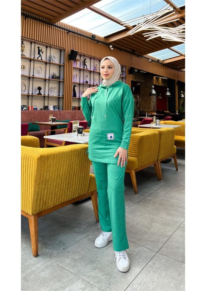 Kapşonlu Çıtçıtlı Sade Basic Ikili Eşofman Spor Takımı - 3036 - Benetton Yeşil