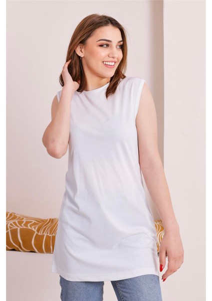 Sude Bisiklet Yaka Kolsuz Sade Basic Bluz - 6038 - Beyaz