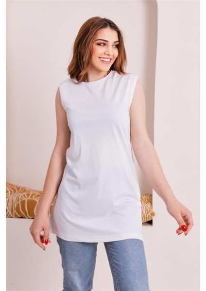 Sude Bisiklet Yaka Kolsuz Sade Basic Bluz - 6038 - Beyaz fırsatları