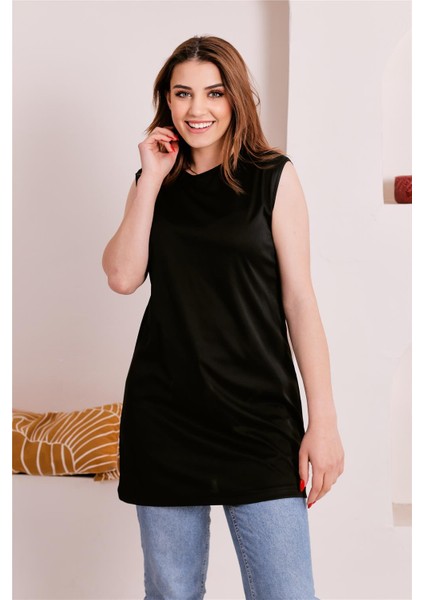 Sude Bisiklet Yaka Kolsuz Sade Basic Bluz - 6038 - Siyah