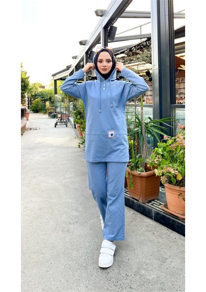 Kapşonlu Çıtçıtlı Sade Basic Ikili Eşofman Spor Takımı - 3036 - Mavi