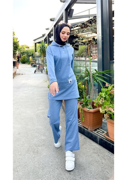 Kapşonlu Çıtçıtlı Sade Basic Ikili Eşofman Spor Takımı - 3036 - Mavi