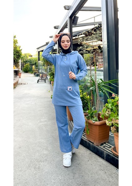 Kapşonlu Çıtçıtlı Sade Basic Ikili Eşofman Spor Takımı - 3036 - Mavi